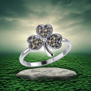 Celtic Irish Shamrock Marcasite Sterling Silver Ring, Sizes 7 and 8